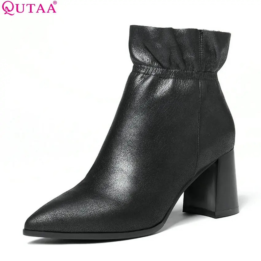 

QUTAA 2019 Women Ankle Boots Genuine Leather+Pu Fashion Women Shoes Winter Boots Platform Women Motorcycle Boots Big Size 34-43