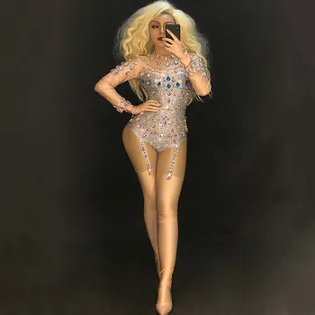 

Colorful Crystals Sexy Bodysuit Bar Evening Party Performance Stretch Rhinestone Costume Female Singer Dancer Leotard Stage Wear