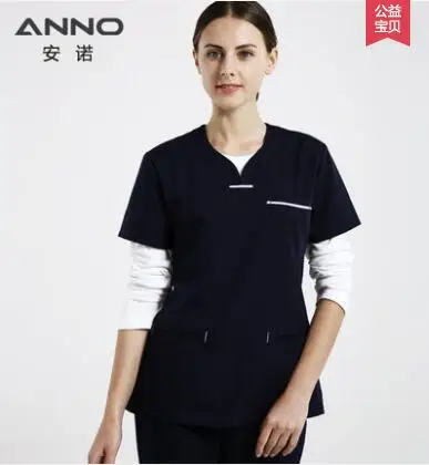 Новая женская медицинская Спецодежда для врача медсестры с коротким рукавом медицинская лаборатория скраб набор хирургическая операция комбинезон высокого класса - Цвет: black blue