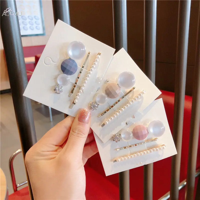 

AOMU 3PCS Acrylic Plaid Round Button Crystal Flower Hair Clips Imitated-pearl Metal Hairpins Hair Accessories For Women Barrette