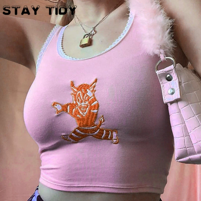 

STAY TIDY Pink Monster Embroidery Sleeveless Crop top Sexy Lace O-Neck Slim Tank Top 2019 Summer Women Camisole Lady Streetwear