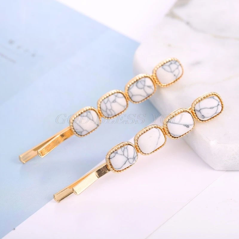 Vintage Palace Style Jewelry Metal Alloy Hairpins Ladies Women Imitation Marble Textured Hair Clips Geometric Styling Barrettes