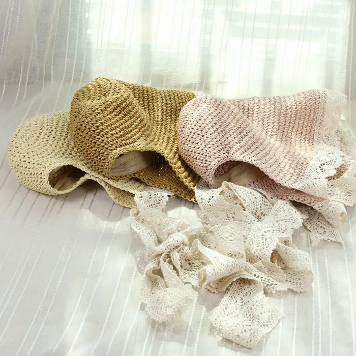 2018 Donne di Estate Pieghevole Crochet Cappello di Paglia Scava Fuori Fasce Cappelli Irregolare Largo Della Spiaggia del Bordo Del Merletto Coda di Cavallo Caps