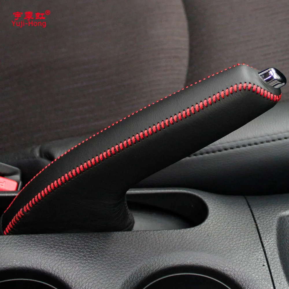 Car Handbrake Covers For Nissan TIIDA 2011~ Auto Handbrake Cover Genuine Leather Grips Black/Red thread hand brake cover