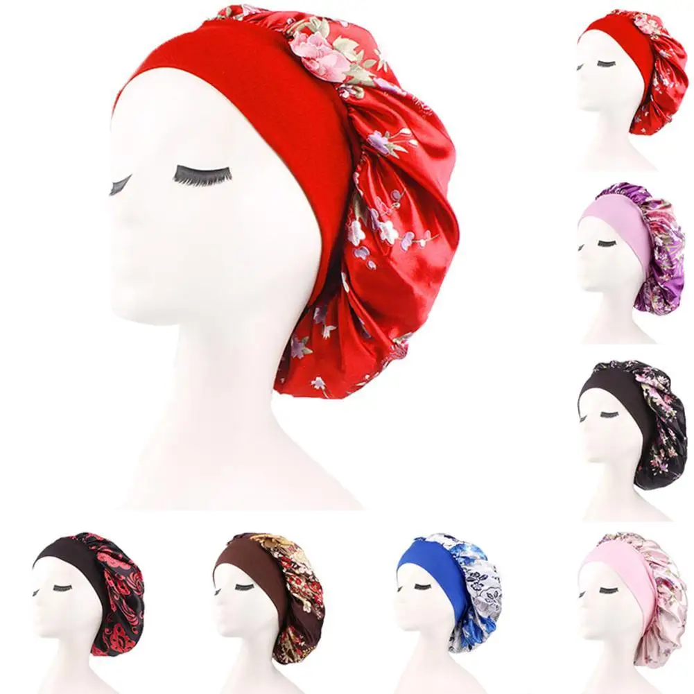 

Elegant Women Silk Stain Night Sleep Cap Hair Bonnet Hat Head Cover Satin Wide Adjust Elastic Band Hats