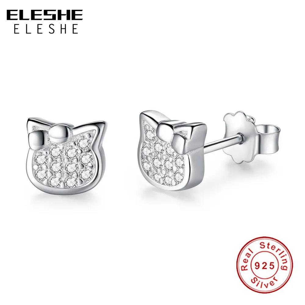 ELESHE Cartoon Animal Cat Stud Earrings for Women Cute 925 Sterling Silver Crysral Earrings Girl Friendship Christmas Gifts