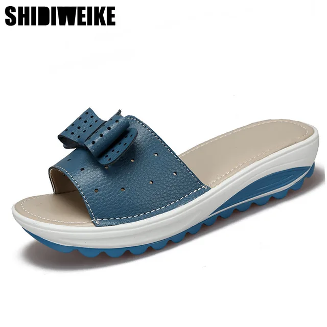 2018 Women's Sandals Genuine Leather Women Flats Shoes Platform Wedges Female Slides Beach Flip Flops Summer Shoe Lady 35-42