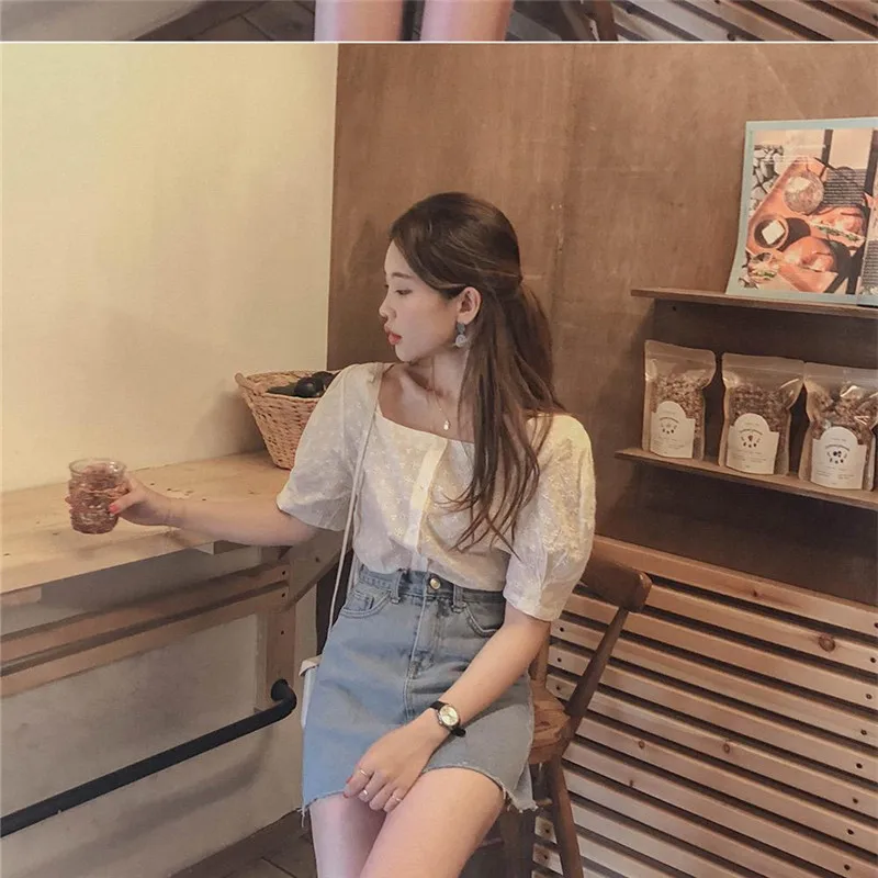 New square Embroidery lace shirt Summer Tops femme Casual Women short sleeve Linen Cotton Girls Blo