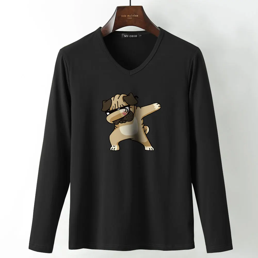 Модная мужская футболка в стиле рок, одежда, футболки в стиле хип-хоп, топы с длинными рукавами, черно-белые Забавные футболки с принтом собаки, с животными, Poleras Hombre - Цвет: A68-V-Black