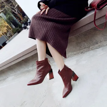 

GPOKHDS 2019 women ankle boots cow leather autumn spring wine red color zippers pointed toe high heels soft boots