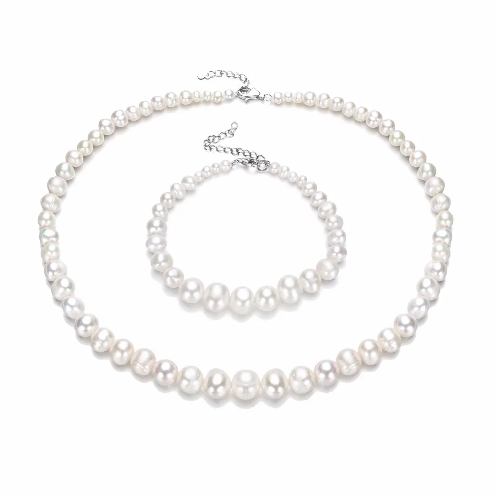 

SNH latest 4-9mm graduated pearl necklace & Bracelet set natural cultured freshwater pearl jewelry set for women