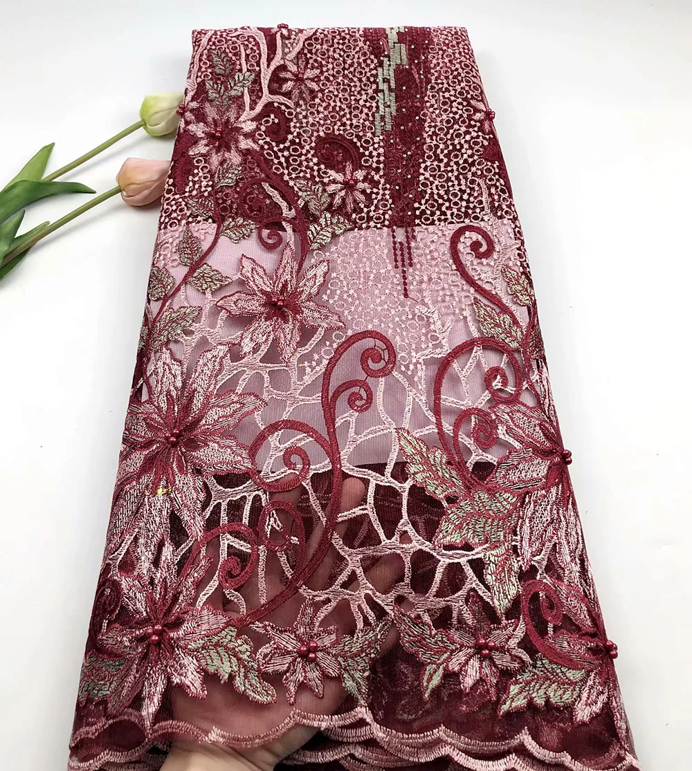 

New Design red color African TulleLace Fabric beads African Tulle Lace Fabric French Net Lace Fabric For Wedding dress