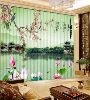 

3D Curtain Photo Custom size Lake Lotus Pavilion Bed Room Living Room Office Hotel Cortinas 3D Bathroom Shower Curtain Blackout