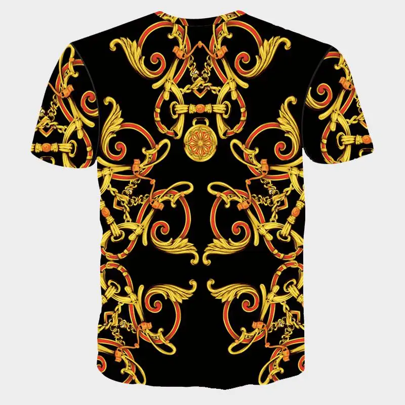 Fashion Brand Men Golden Flower T-shirt Summer 3D Print Blue T-Shirt Homme Short Sleeve Luxury Royal Baroqu Men Clothes Tops (2)