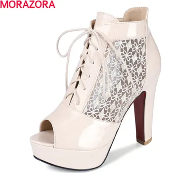 

MORAZORA women spring summer peep toe ankle boots fashion lace up Net yarn boots top quality big size 34-44