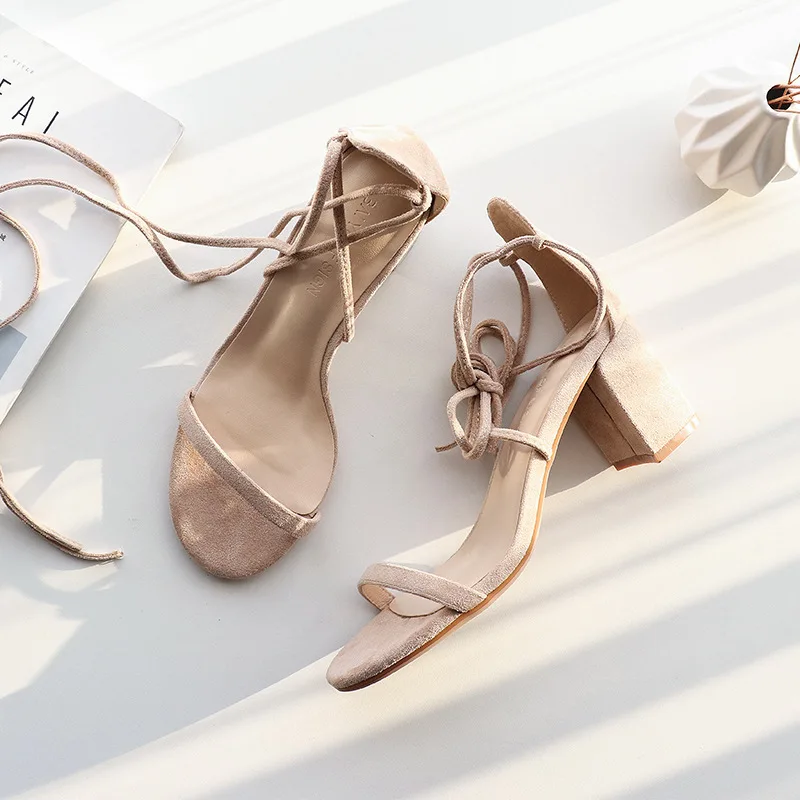 

2019 summer new style simple and simple solid color strap high heels women suede comfortable wild casual shoes