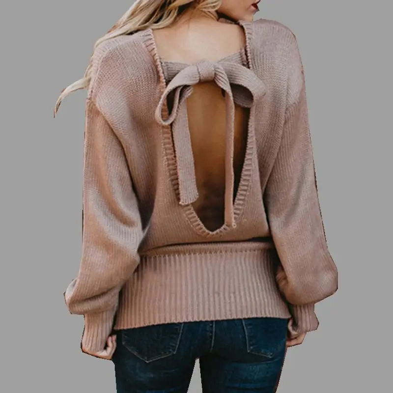 

2019 Spring New Fashion Women Sweater Backless O-neck Sexy Solid Colors Sweather Women Bow Elegant Casual Pullovers SR015