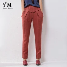 YuooMuoo новые модные женские брюки с эластичной резинкой на талии, узкие льняные брюки-карандаш, летние брюки для женщин, повседневная женская одежда