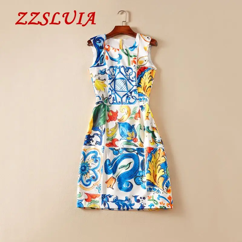 

S-XXL 2019 new arrival brand printed designer O neck sleeveless slim vest tank elegant women's dresses 54160