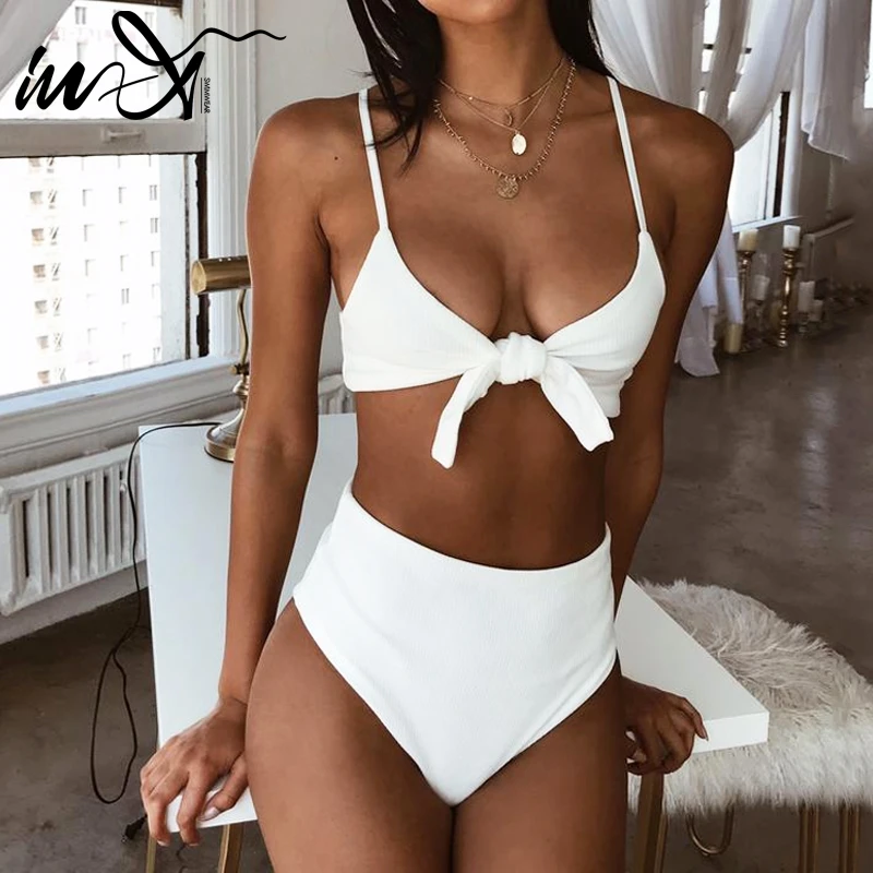 

In-X High waist bikini Knot swimsuit female bathers Push up bathing suit White swimwear women Beach wear Summer biquini 2019 XL