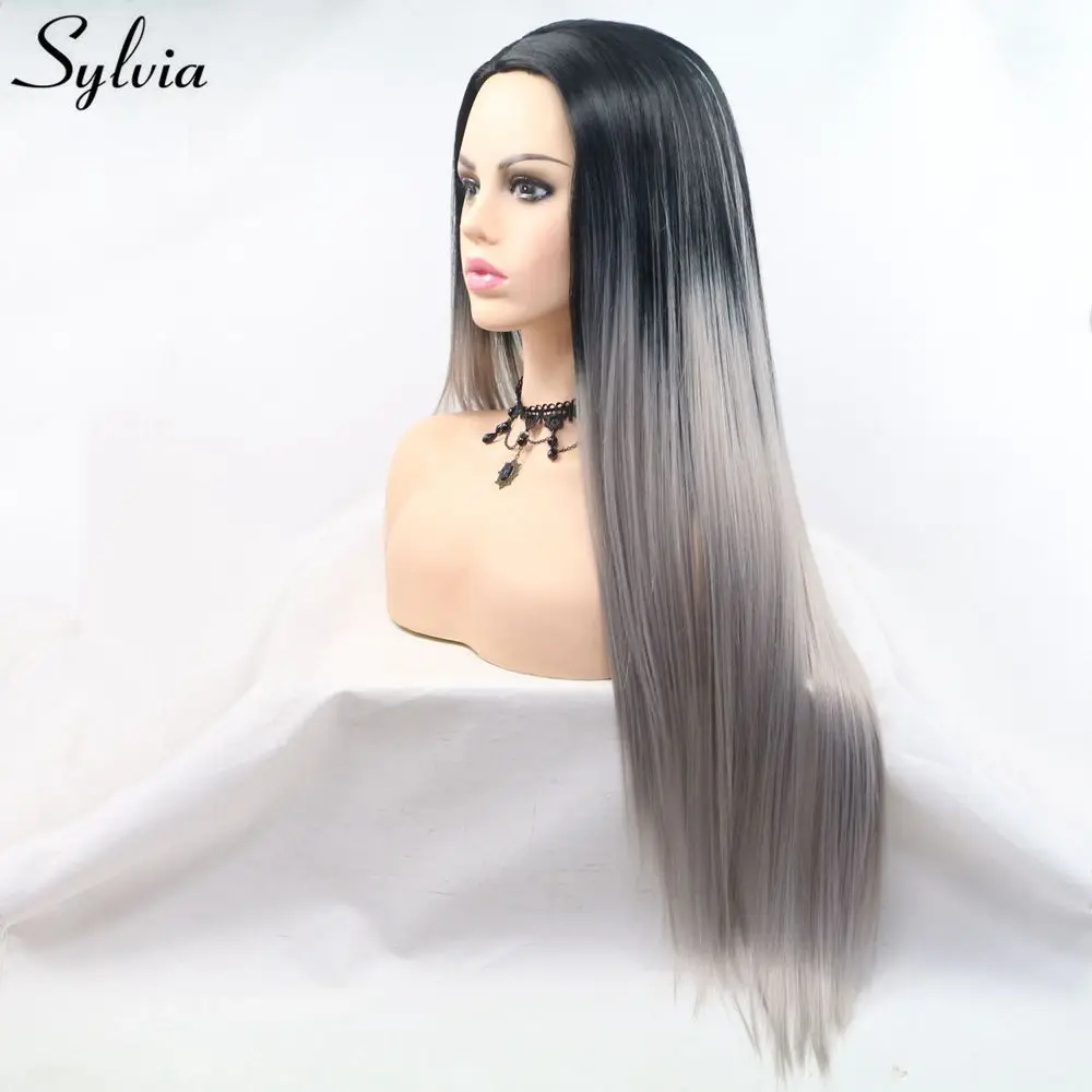 Sylvia Long Silky Straight Hair Synthetic Wigs Dark Root Heat Resistant Ombre Grey Machine Made