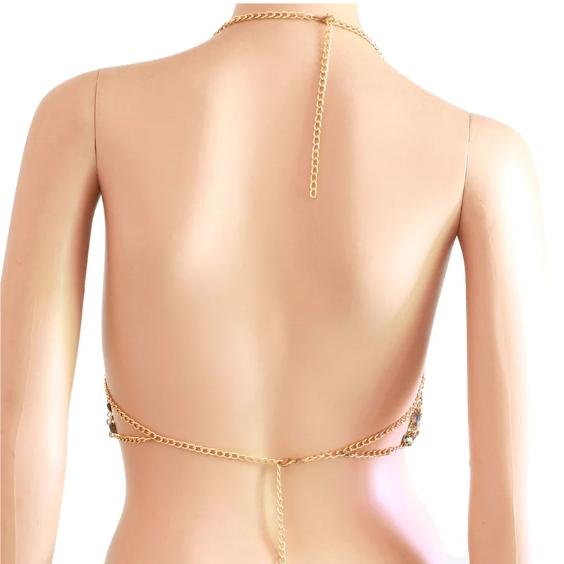 Chran Gold Chain Lingerie Bralette Halter Top Beaded Sexy Bikini Beach Jewelry Festival Wear