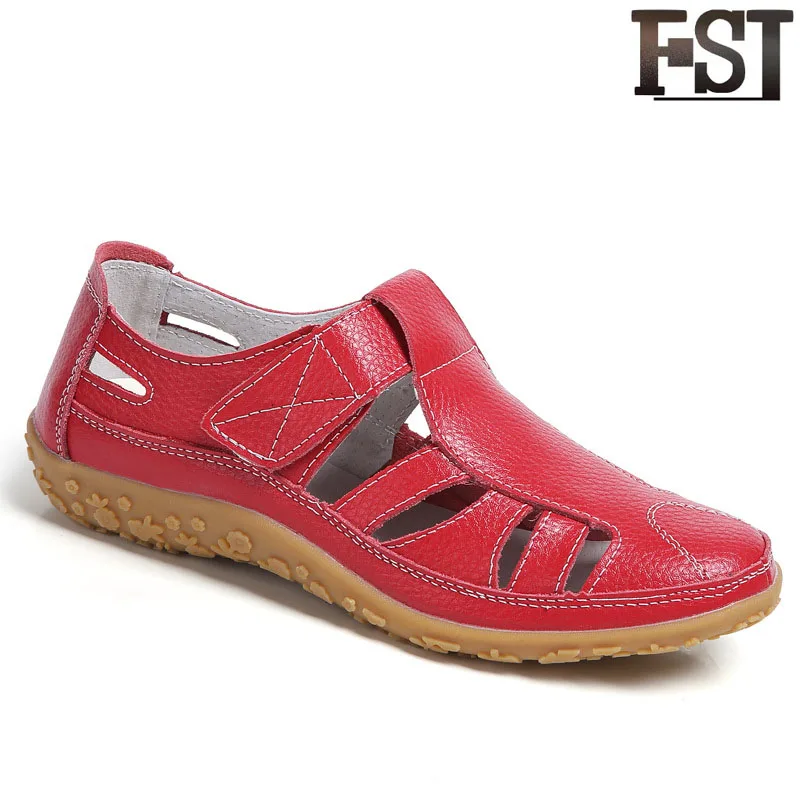 

FSJ Genuine Leather Cow Flats Woman Ladies Shoes Solid Hook Loop Pigskin Round Toe Basic Summer Sewing shoes Casual Size 41 42