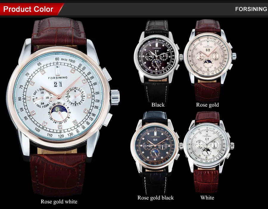 FORSINING мужские часы люксовый бренд Модные Повседневные автоматические механические Стразы розовое золото белые наручные часы из натуральной кожи