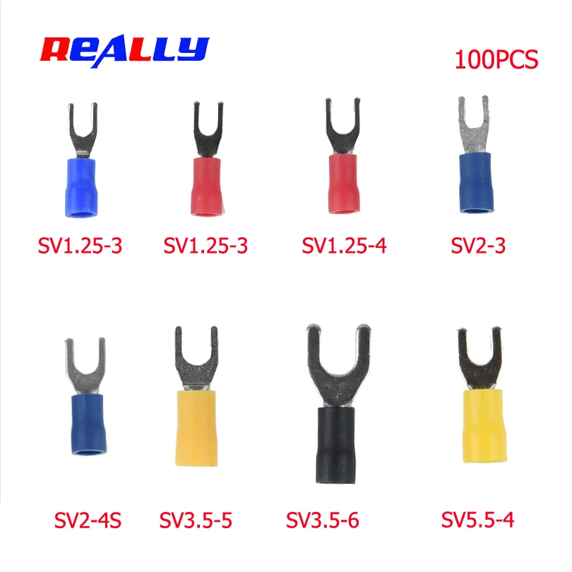 

100pcs SV Crimp Terminal Spade fork connector kit Wire Copper Crimp Connector Insulated Cord Pin End Terminal SV1.25/2/3.5/5.5