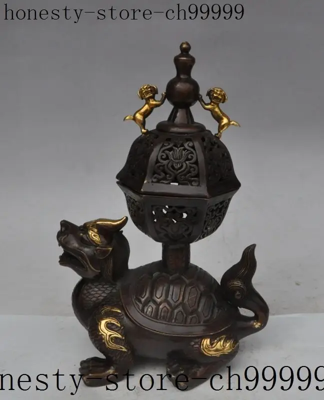 

12"chinese fengshui bronze gilt foo dog lion turtle statue incense burner Censer