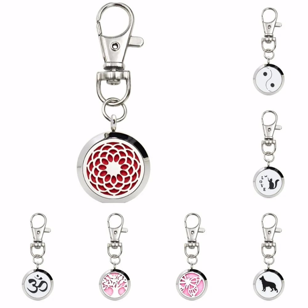 

25mm 316L Stainless Steel Essential Oil Aromatherapy Perfume Diffuser Locket Keyrings Keychain 10 Pads