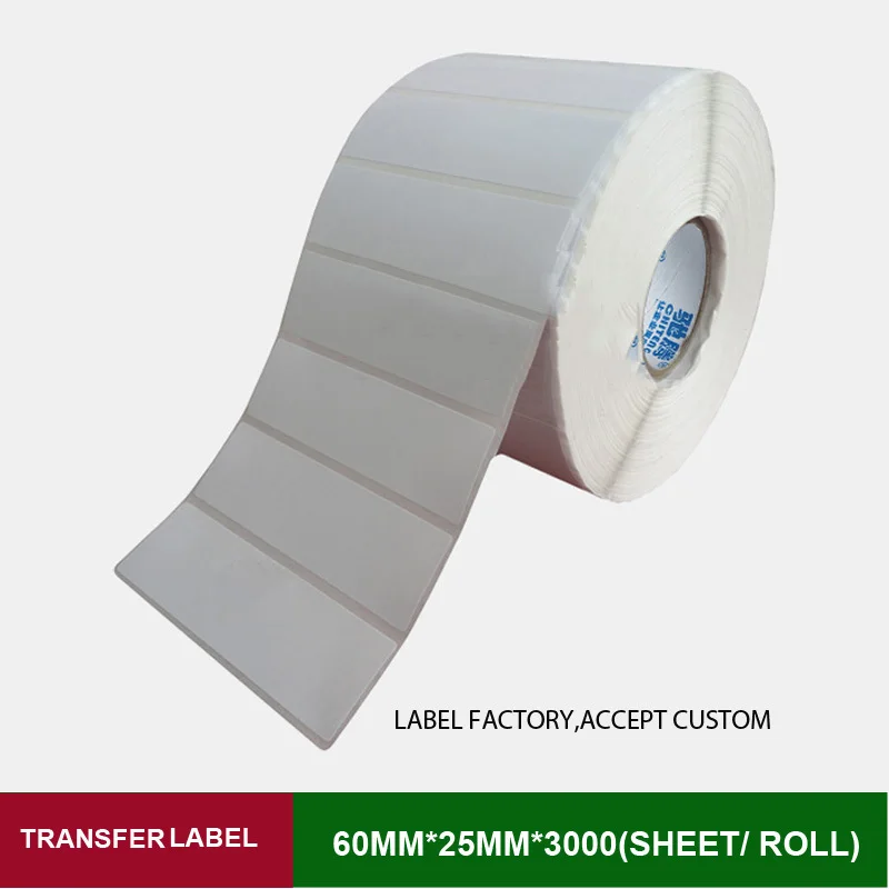 

60*25mm 3000 sheets thermal transfer labels with high quality and provide custom printing logo for business barcode mark