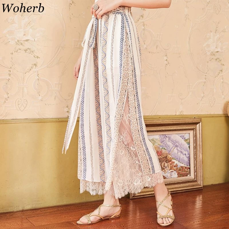 

Woherb Female Plus Size Elastic High Waist Chiffon Wide Leg Pants Women Boho Printed Lace Beach Pants 2019 Summer Modis Trousers