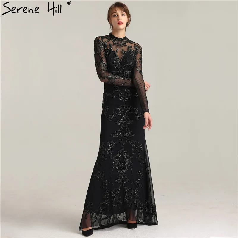 

Sexy Backless Long Sleeve Sheer Mermaid Evening Dresses 2019 New Fashionable Black Floor Length Party Gown BLA6264