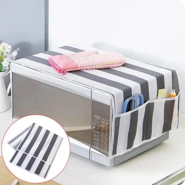 Best Price 1 Pcs Gray Stripe Microwave Oven Covers Kitchen Dustproof Prevent Lampblack Clean Accessories  Fabrics Microwave Dust Cover