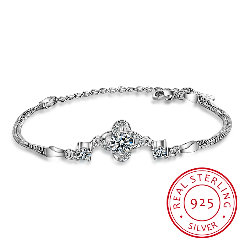 

Fine Jewelry Authentic 925 Sterling Silver Jewelry Austrian Crystal Four Leaf Clover Heart Charm Bracelet For Women Pulserias