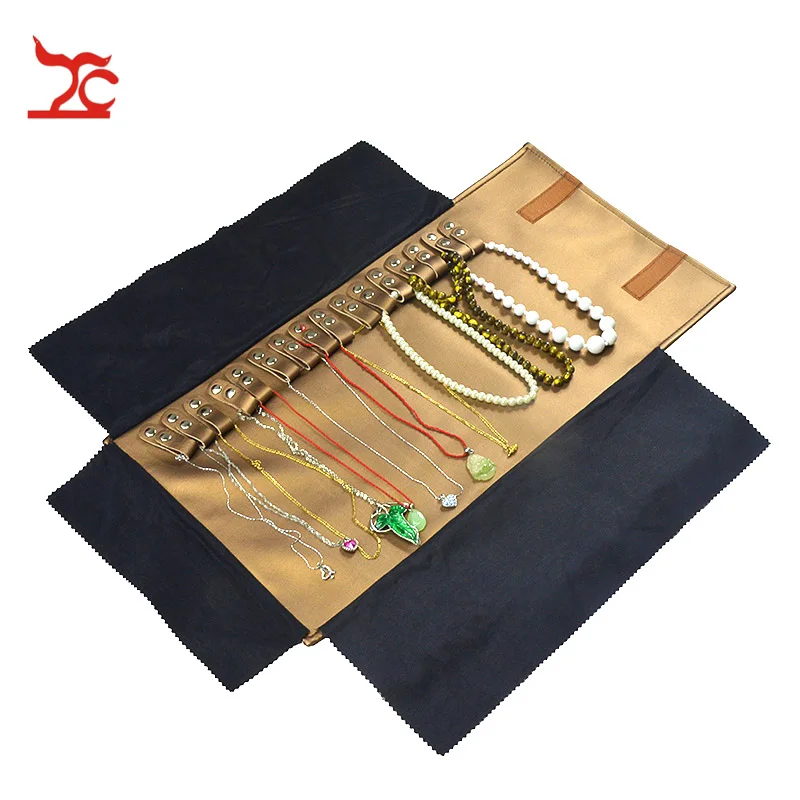 New Portable Brown Pendant Travel Roll Bag 16Pcs Necklace Organizer