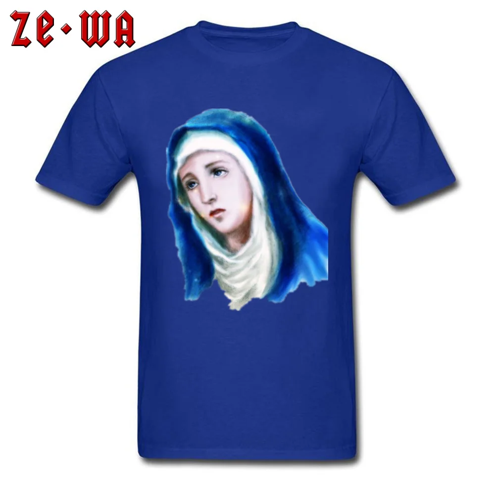 Fitted Men's T Shirt Virgin Mary Painting Printed On Tops Tees Pure Cotton Short Sleeve Classic T-shirts Crewneck Virgin Mary Painting blue