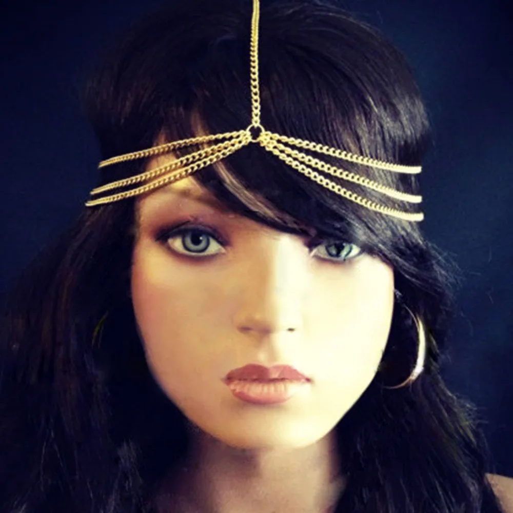 New Fashion Vintage Beach Multi Layer Metal Gold Color Head Chain Hair Tassel Pearl Leaves Bindi