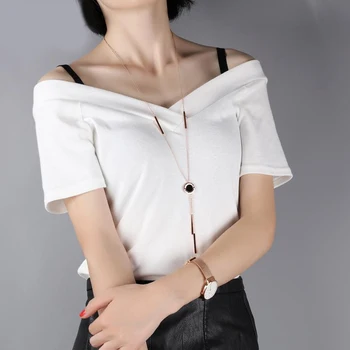 

Women Fashion Black White Shell Roman Numerals Round Rose Gold Color Stainless Steel Long Sweater Necklace