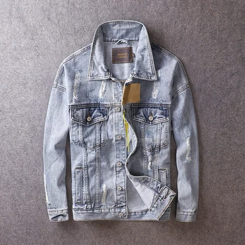 

Korean Style Fashion Men Jackets Light Blue Destroyed Ripped Denim Jackets Men Casual Coats Streetwear Hip Hop Jackets Hombre