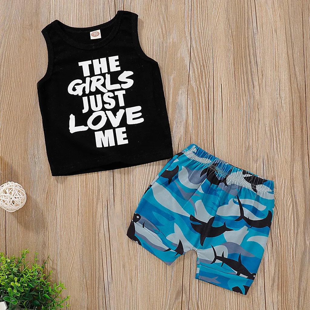 Infant Baby Boy Kid Letter Printed Vest Tops+Camouflage Shorts Outfits Set
