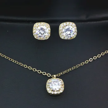 

Gold-Color Drop Pendant Necklace Earring For Women Jewelry Sets Cubic Crystal Anniversary Necklaces Earrings Gifts 18inch B3417