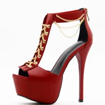 

SHOFOO shoes.Elegant novel women's shoes, red leather, gold chain decoration, about 14.5 cm high heel sandals, ladies sandals.