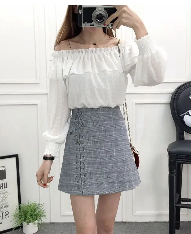 

2018 spring new fashion women white blouse top grid skirt 2 pcs clothing set vestidos design outfit girl clothes size S M L