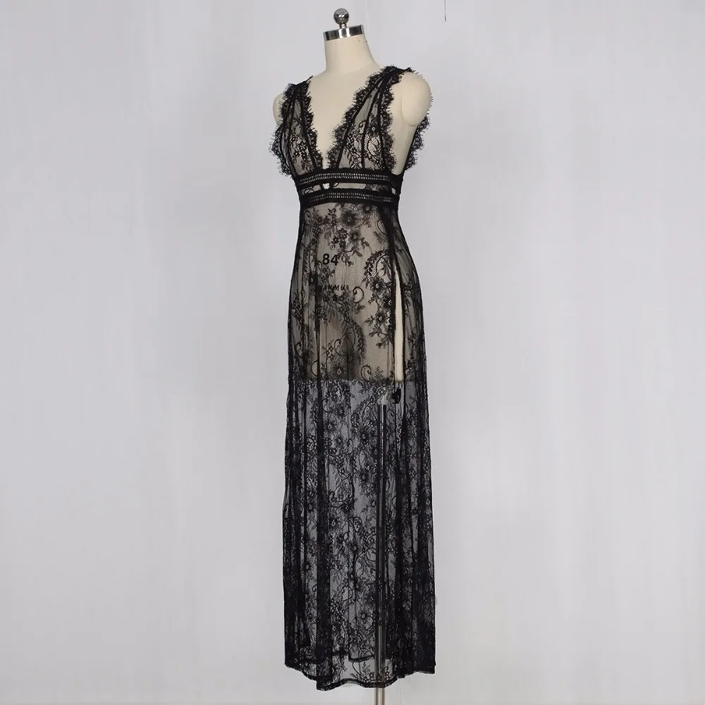 Women Lace Party Dress 2018 Sexy Backless V Neck Sleeveless high split floor length Dress Mesh See Through Erotic clubwear XL (12)