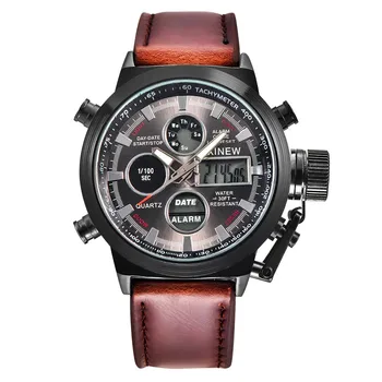 

chronograph Dual Time men luxury brand XINEW sport Military Leather Watches Genuine quartz wristwatches relogio masculino Marca