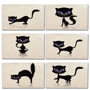 

1Pcs Cute Black Cat Pattern Kitchen Placemat Dining Table Mats Cotton Linen Drink Coasters Western Pad Cup Mat 42*32cm MA0076