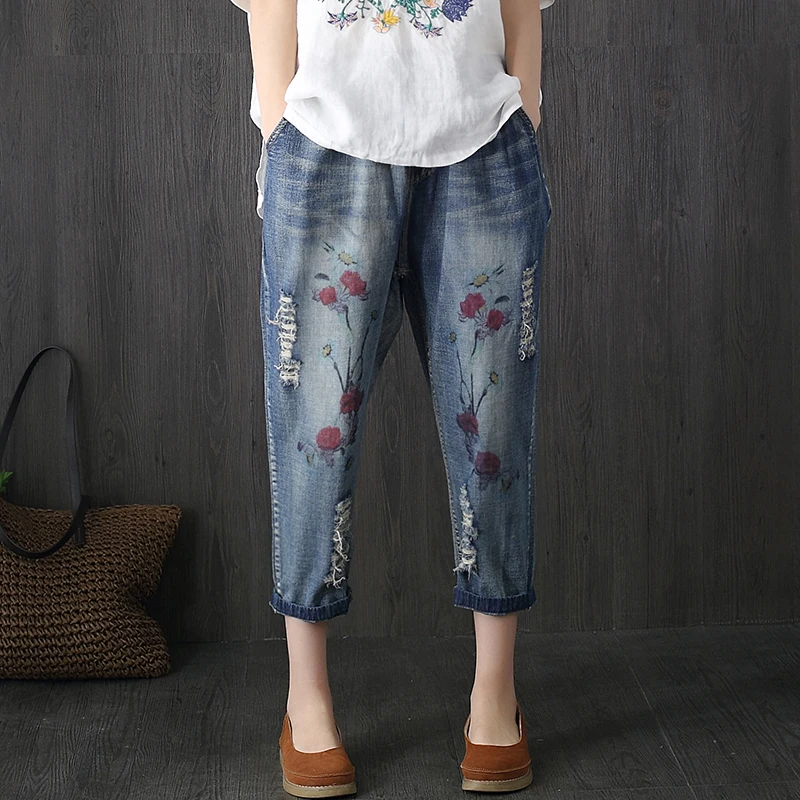 Женские s джинсы шаровары вышивка растение эластичная талия с завязками повседневные брюки свободные тонкие джинсы для женщин