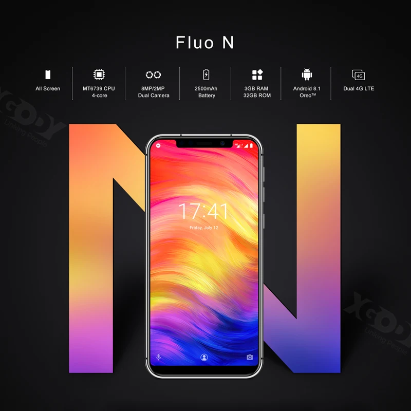 XGODY Fluo N Dual 4G смартфон 5," 19:9 экран с зазубриной Android 8,1 Face ID 3 ГБ+ 32 ГБ четырехъядерный мобильный телефон 8МП камера мобильный телефон